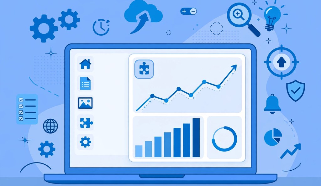 WordPress SEO dashboard with plugin panel and rising ranking graphs