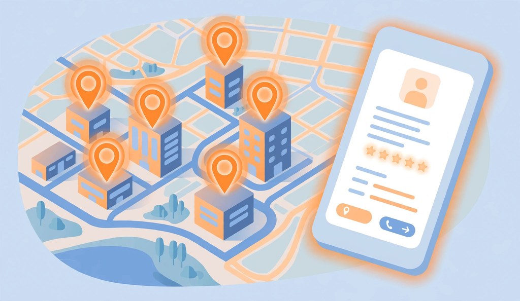 Local SEO city map with location pins over office buildings