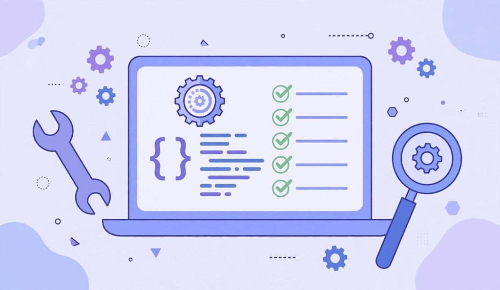 Technical SEO audit on a laptop screen with gears and checklist
