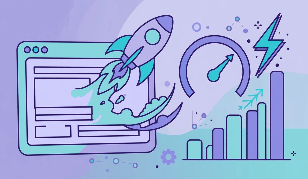 Website speed optimization illustrated with a rocket and speedometer