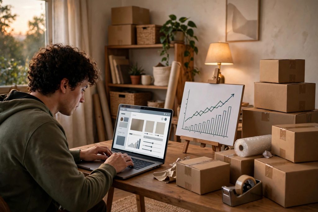 Online seller optimizing an Amazon product listing on a laptop with shipping boxes nearby