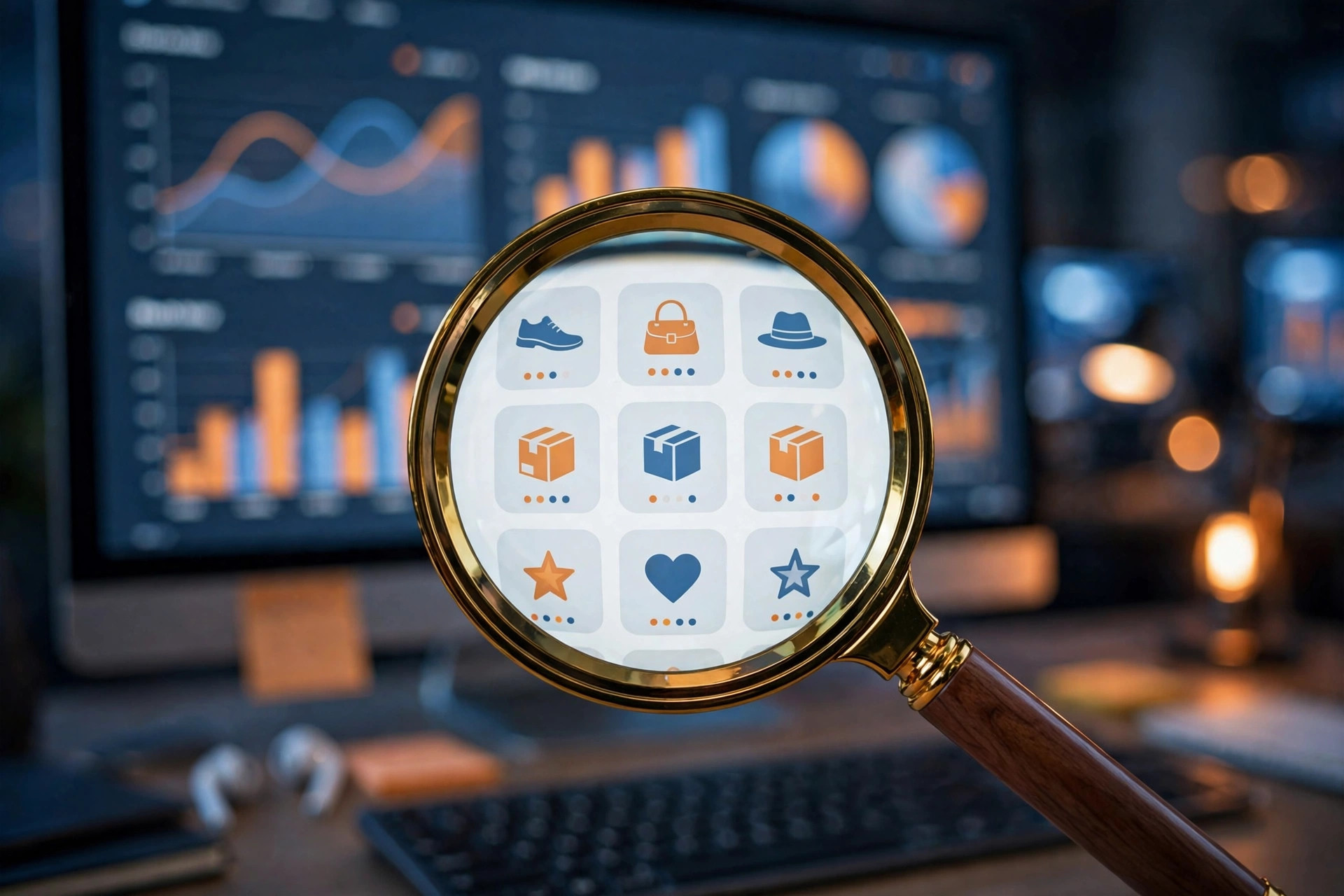 Magnifying glass over product listing keywords on a computer screen with an analytics dashboard