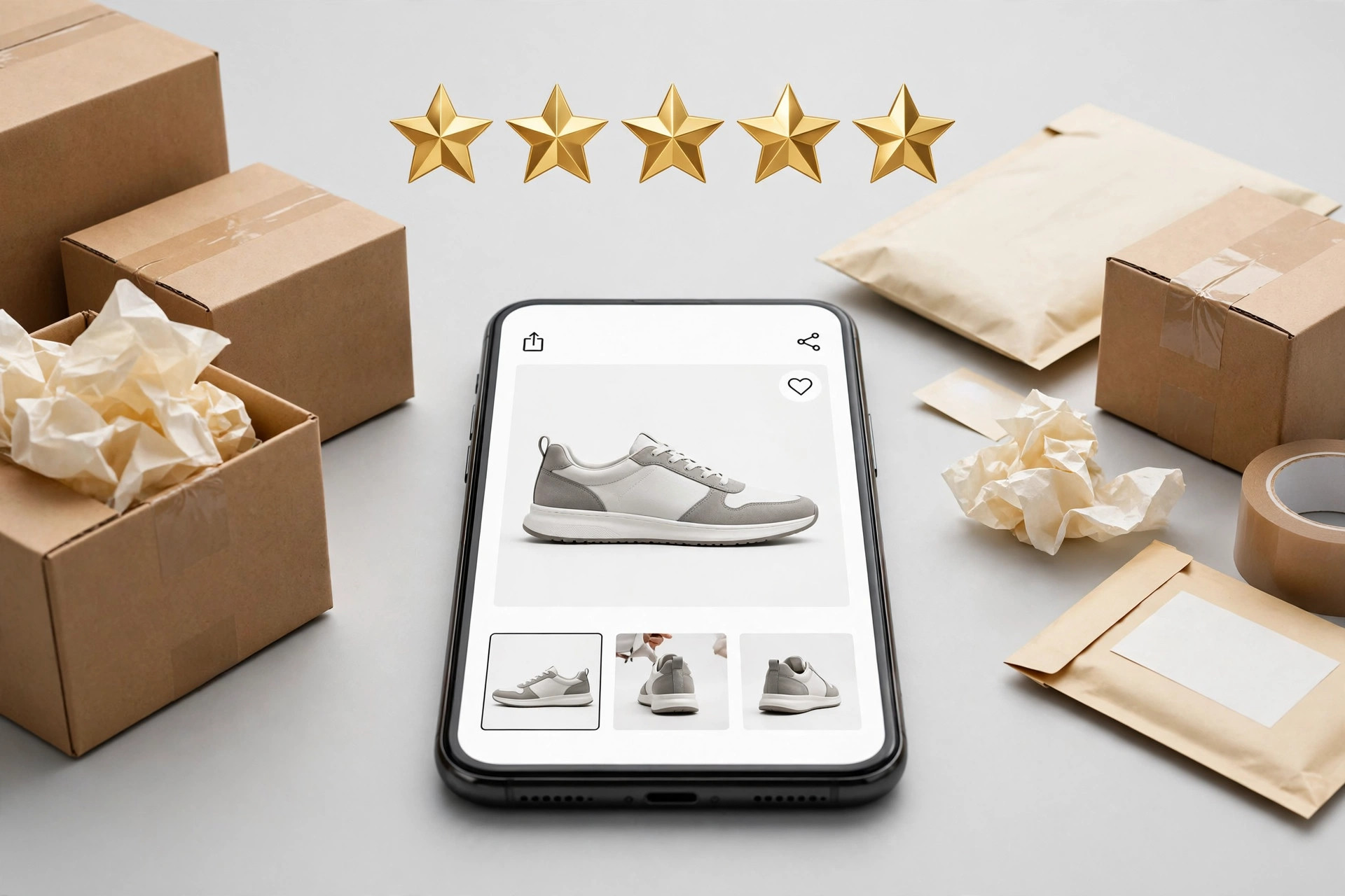 Five gold stars and customer reviews concept above a smartphone showing a product page
