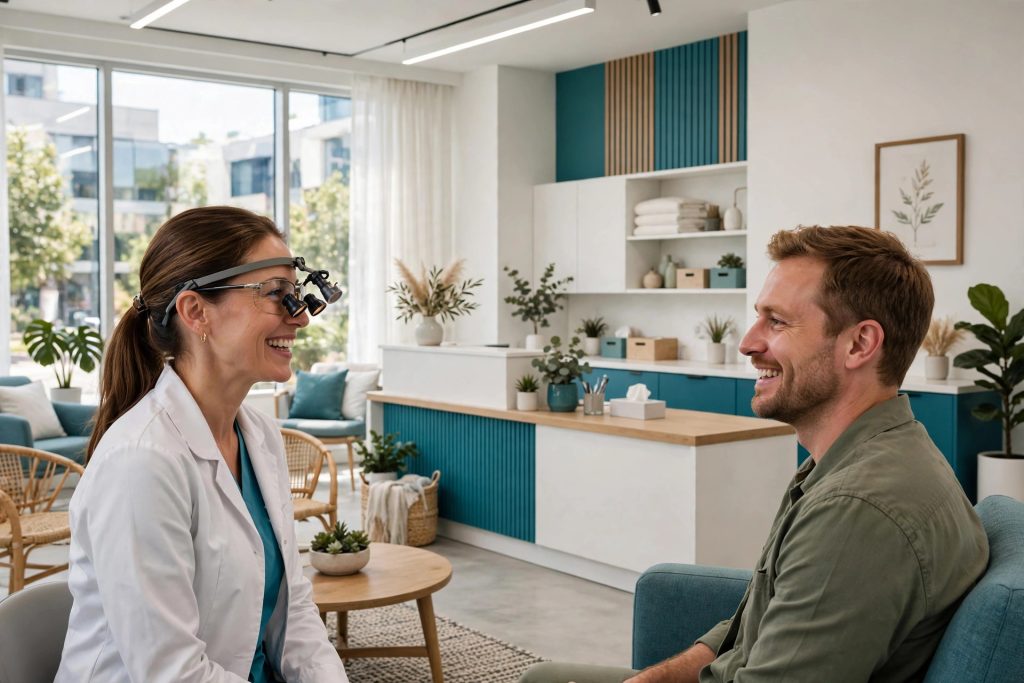 Modern bright dental clinic reception with a smiling dentist and patient