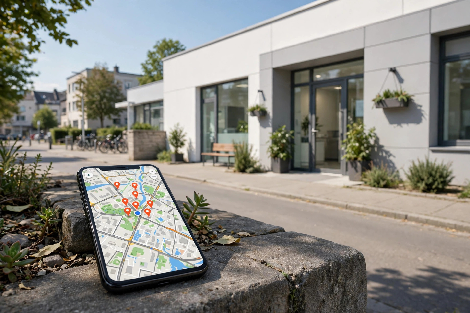 Smartphone showing a map with location pins next to a dental clinic building