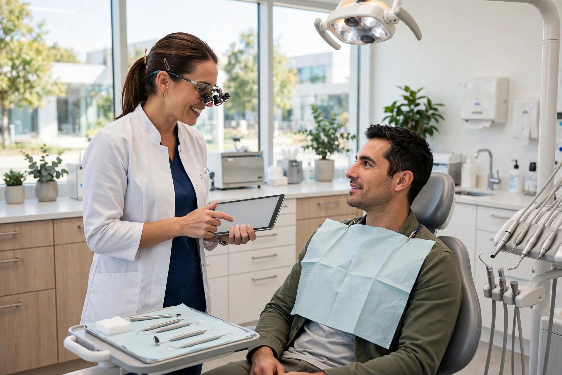 Dentist explaining treatment on a tablet to a patient in a modern dental chair