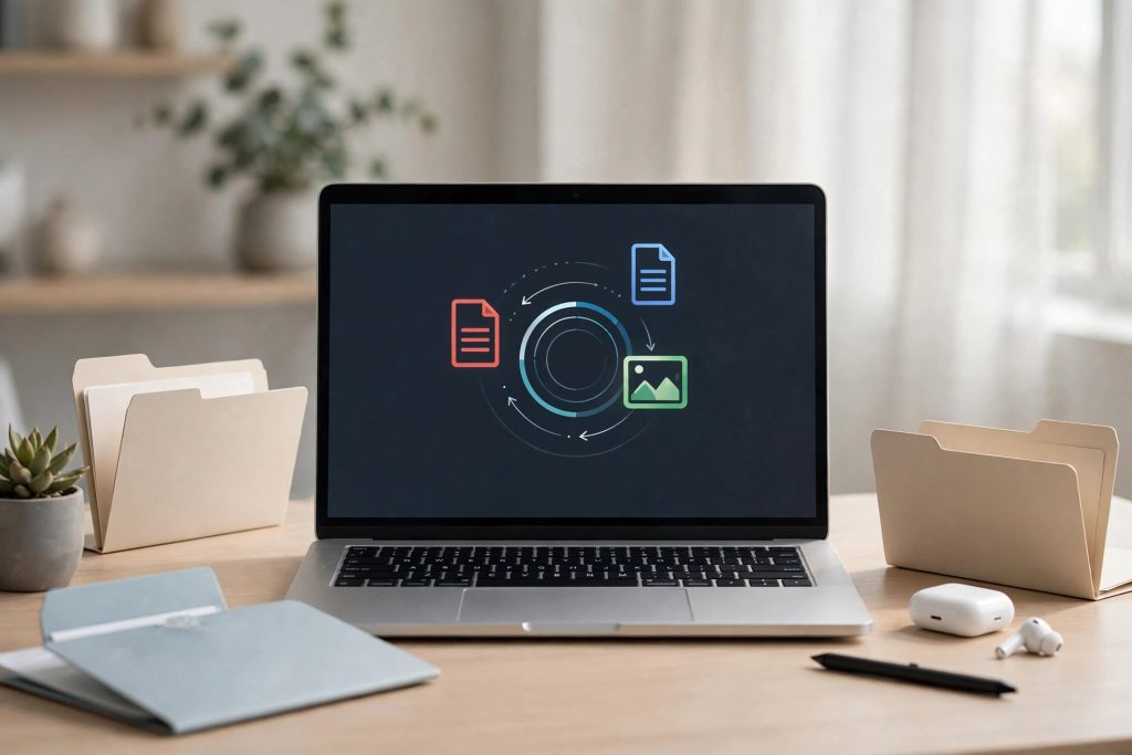 Laptop showing document file conversion between PDF, Word and image formats on a modern desk
