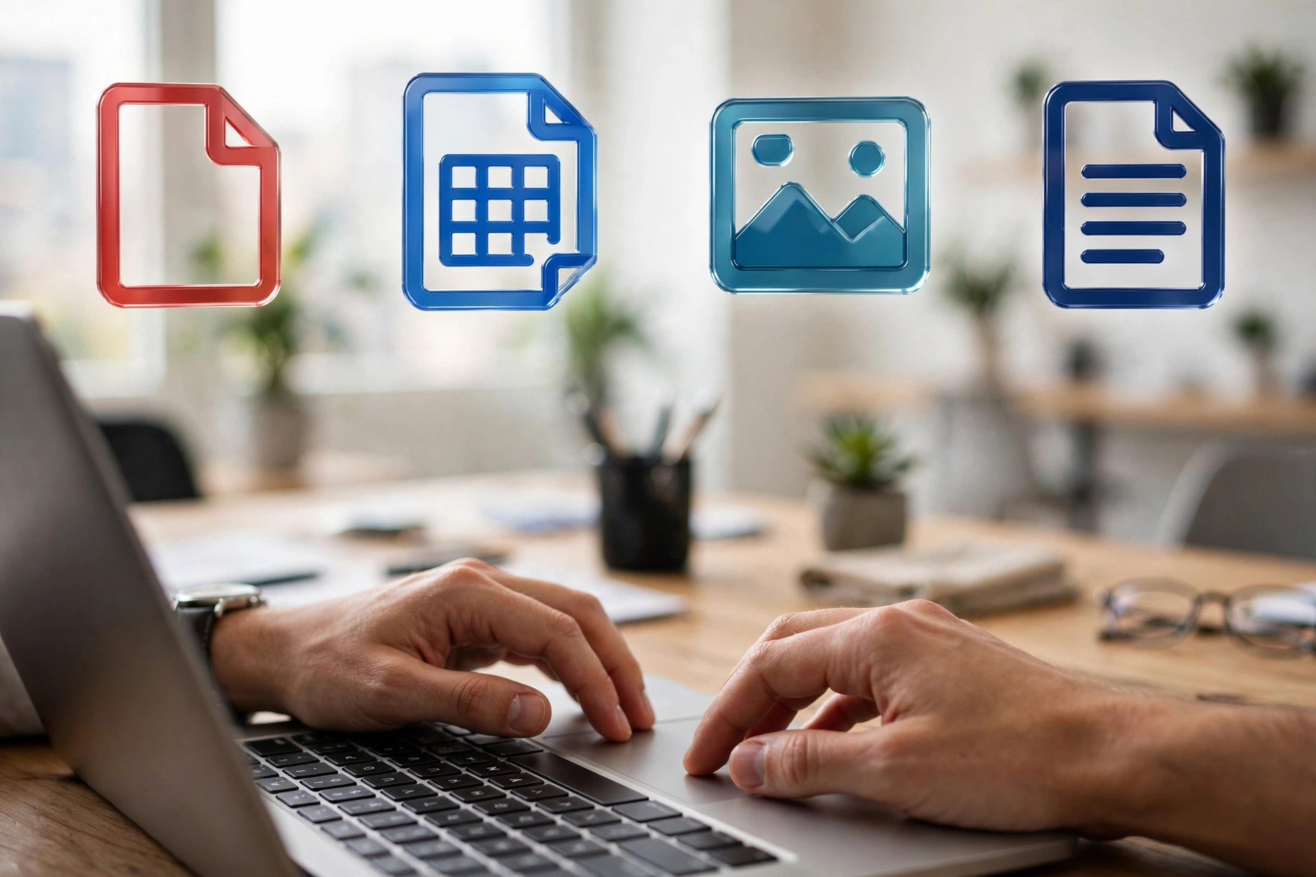Hands typing on a laptop with document format icons like PDF, DOCX and CSV floating above the desk