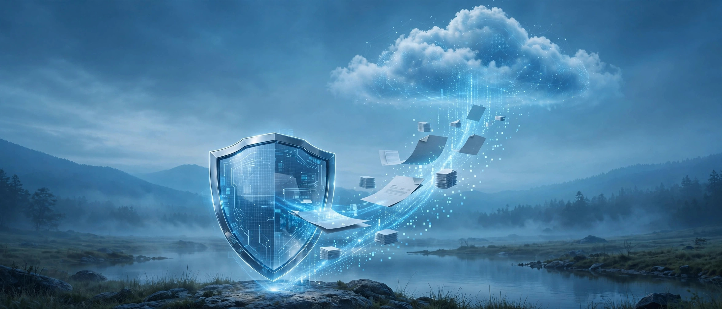 Shield symbol protecting digital documents being uploaded to a secure cloud