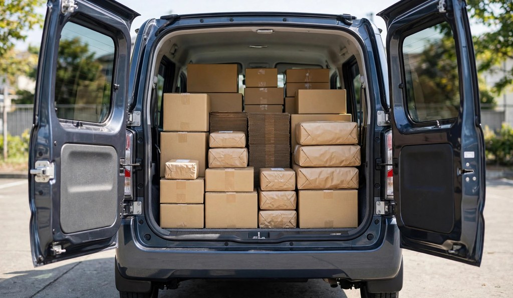 Compact keibann van loaded with delivery parcels for last-mile delivery