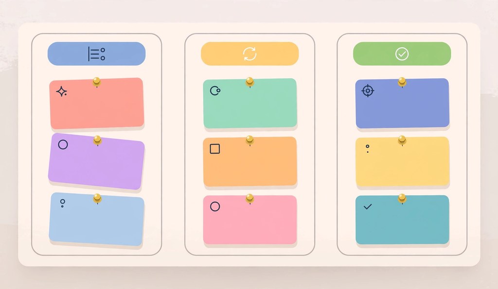 Keibann-style visual task board with To Do, In Progress, and Done columns
