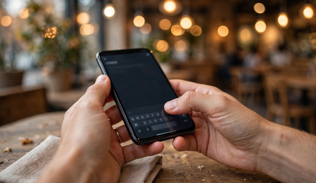 Hands typing an Instagram caption on a smartphone