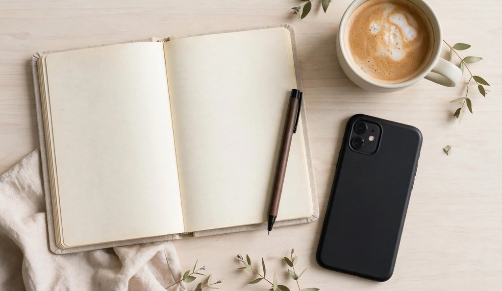 Magazine style flat lay with notebook smartphone and coffee