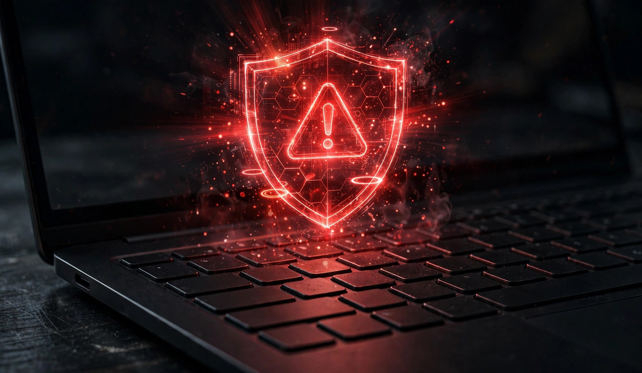 Red warning shield over laptop symbolising malware risks of cracked software