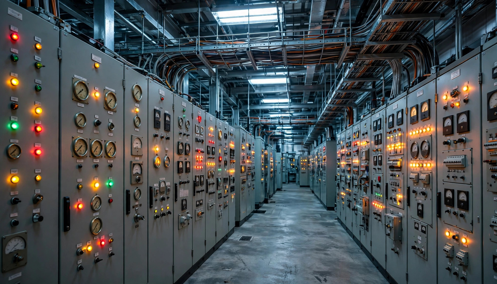 Electrical substation control hall with industrial control panels representing operational technology environments