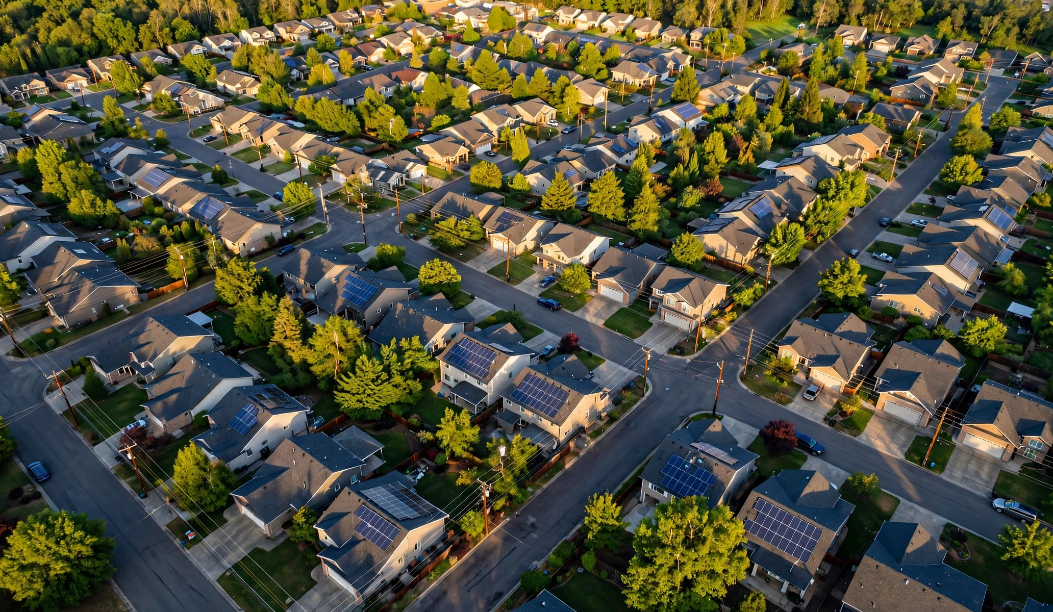 Residential rooftops covered with solar panels, the setting for OMRON's anti-islanding control technology