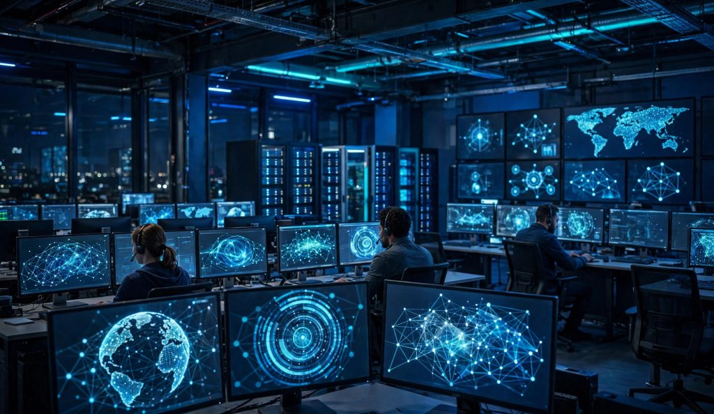 Industrial cybersecurity control room with glowing security monitors protecting critical infrastructure