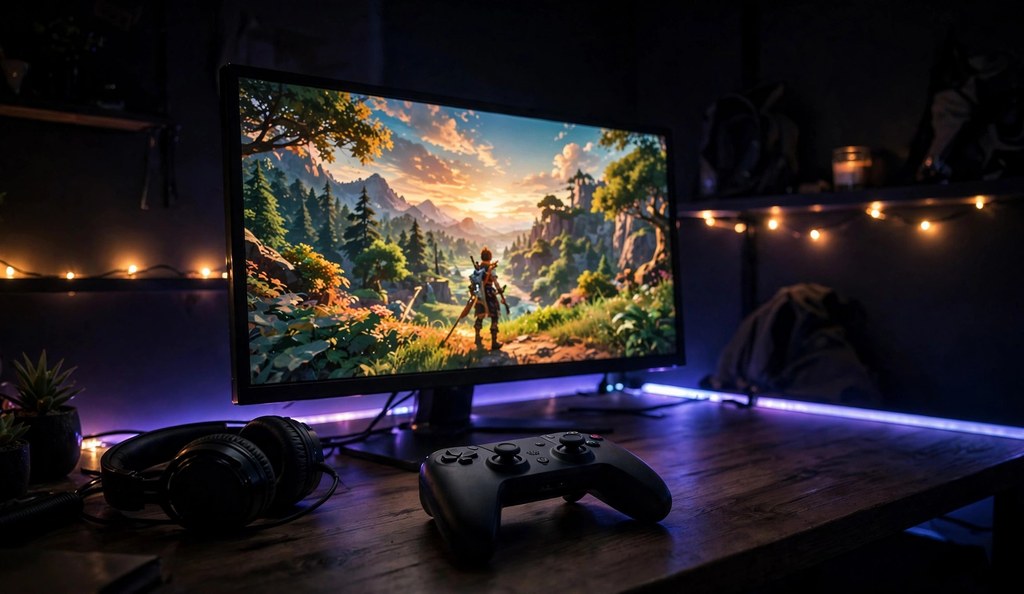 Gaming setup with controller and glowing monitor - Allysplay.com guide