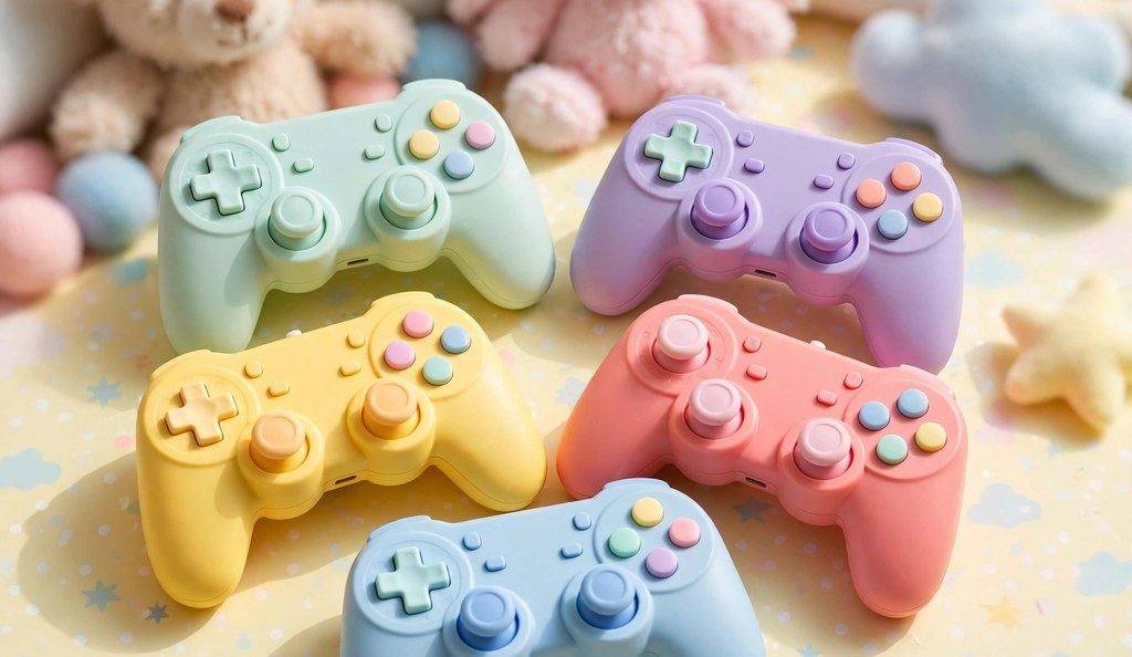 Colorful kid-friendly video game controllers flat lay