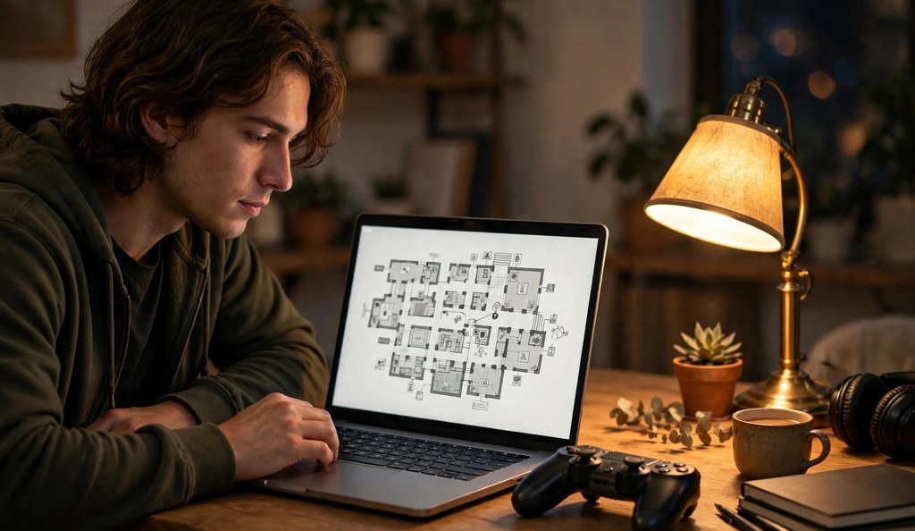 Person reading a game walkthrough guide on a laptop