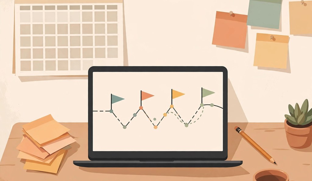 Content strategy roadmap illustration showing a timeline with milestones on a laptop