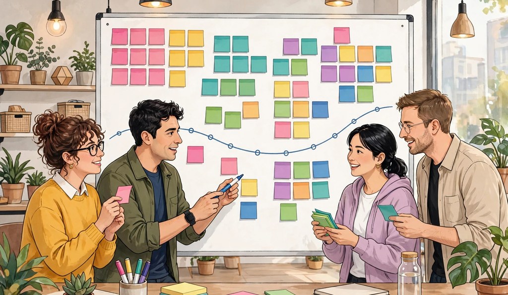 Marketing team planning a content calendar on a whiteboard with sticky notes