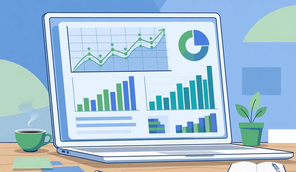 SEO content performance analytics dashboard with rising charts