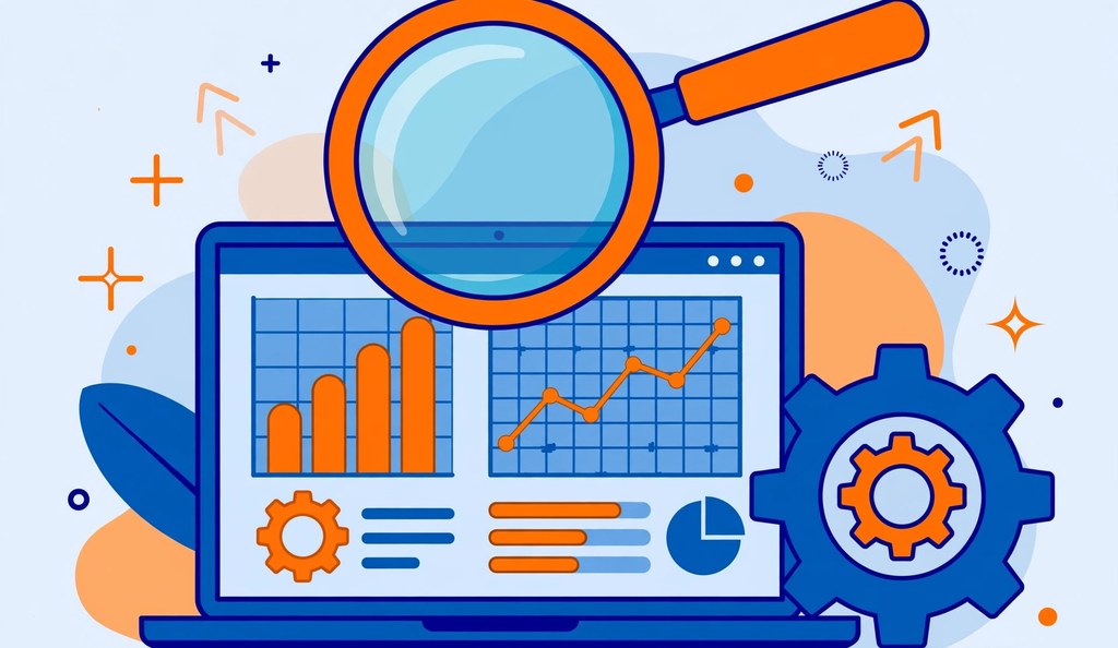 SEO services concept with magnifying glass over website analytics