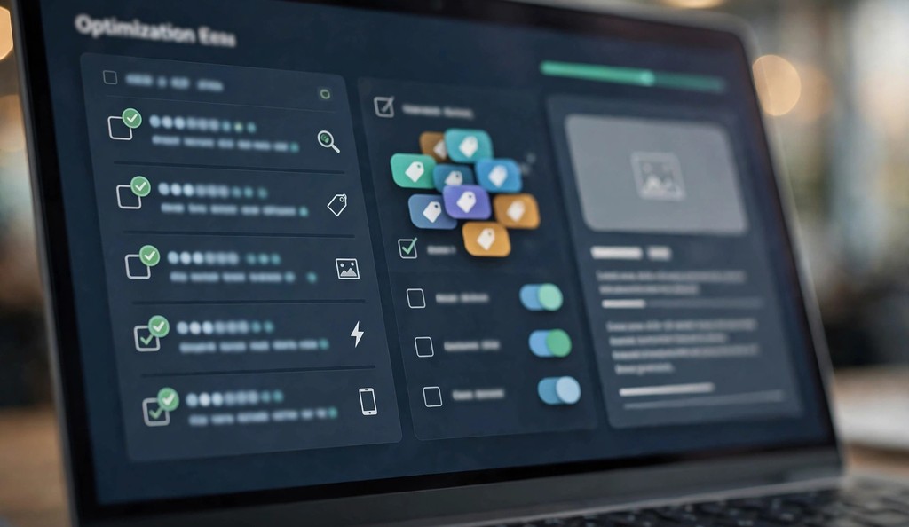 Close-up of an ecommerce product page being optimized on a computer screen with SEO checklist and tag icons