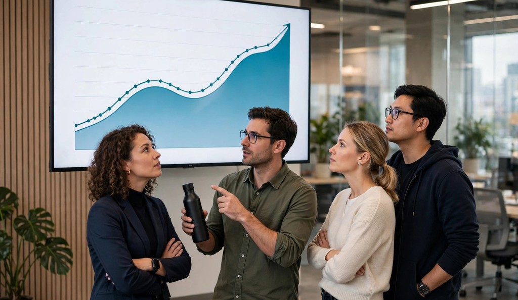 Marketing team reviewing ecommerce traffic growth charts on a large wall monitor in a modern office