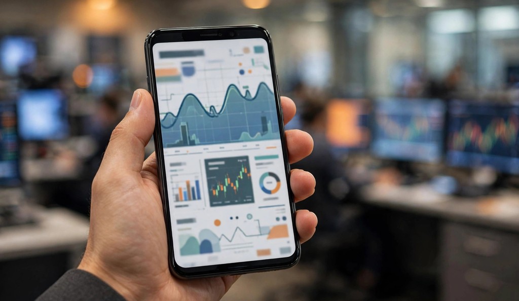 Smartphone showing a stock market app with Nasdaq index charts and ticker data held over a blurred trading floor background