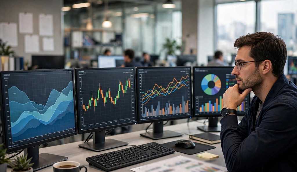 Financial analyst reviewing Nasdaq stock charts across multiple monitors in a newsroom style office