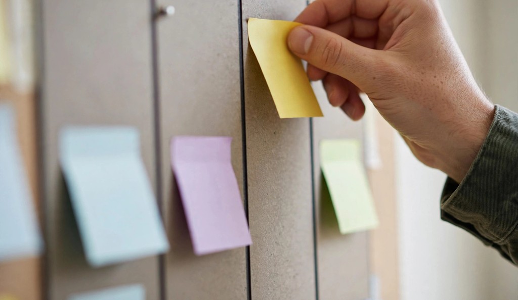 Hand placing a sticky note onto a product development timeline board with phase columns