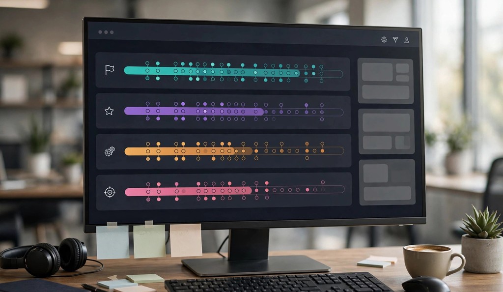 Digital product roadmap planning interface on a large monitor showing quarterly lanes and progress bars