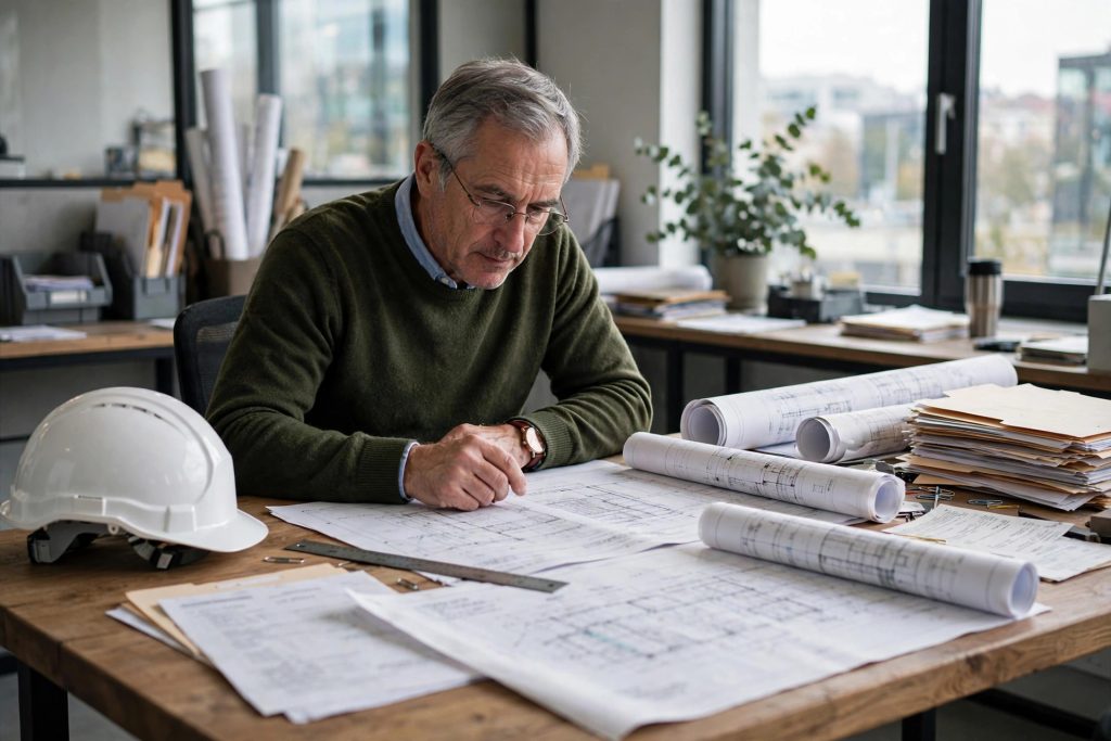 Engineer reviewing technical documents at a desk
