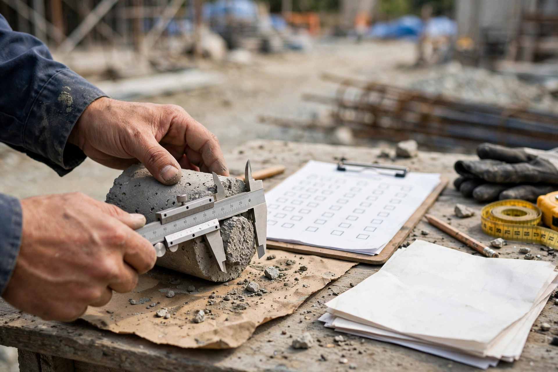 Hands reviewing technical drawings and measurement documents during a technical audit