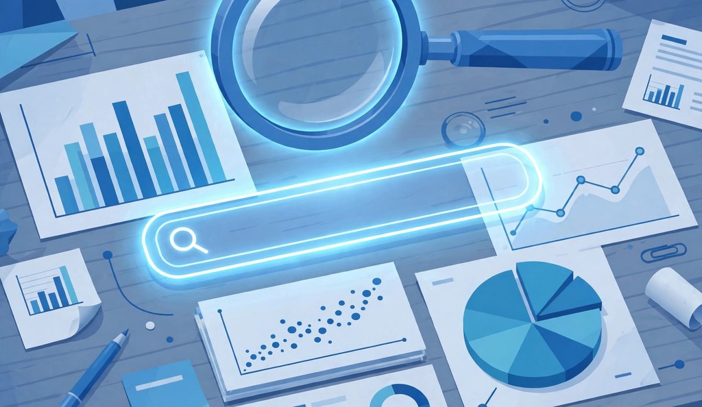 Keyword research with free tools, magnifying glass over search data