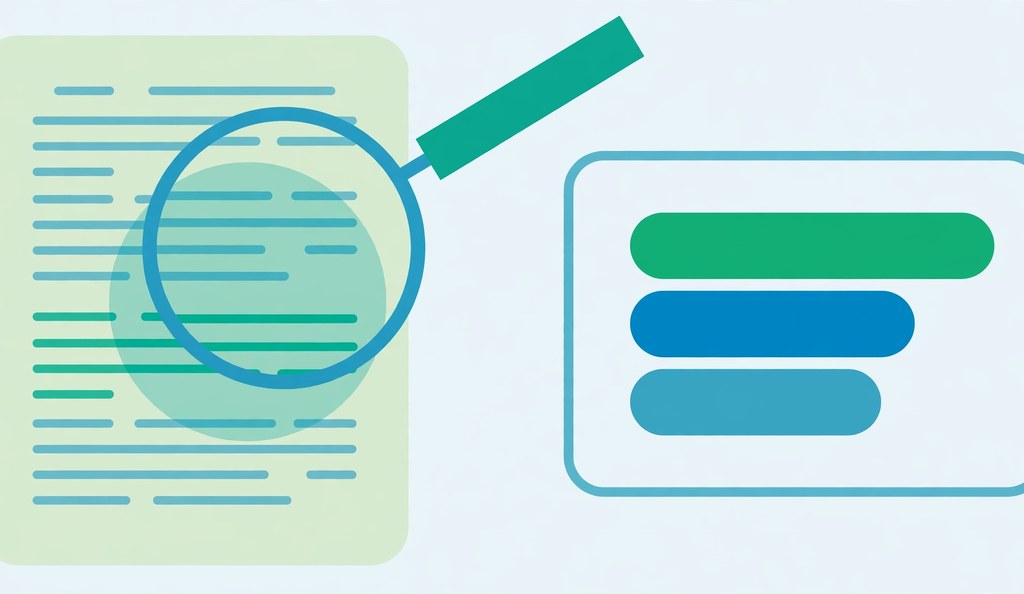 magnifying glass over a document with a keyword frequency chart, density analysis concept