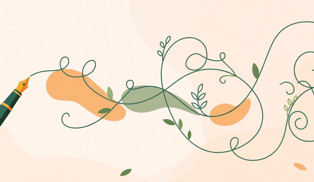 pen writing flowing text with subtle keyword highlights