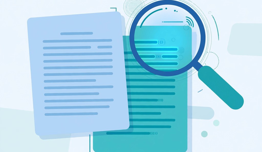 two overlapping document pages with a magnifying glass scanning them, duplicate detection concept