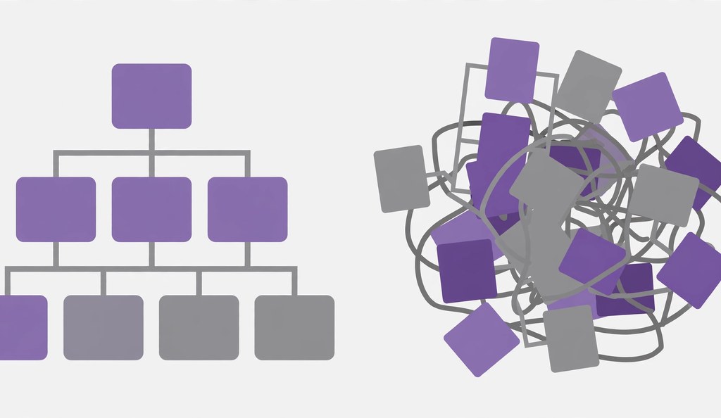 tidy organized column beside a tangled messy column, heading structure comparison