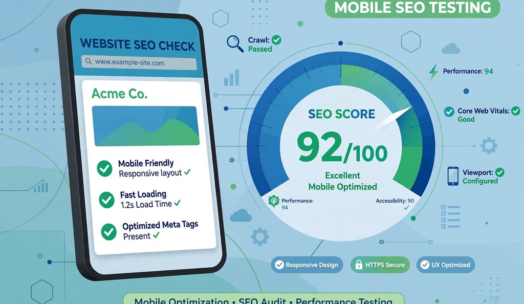Mobile SEO testing illustration with smartphone, checkmarks and score gauge