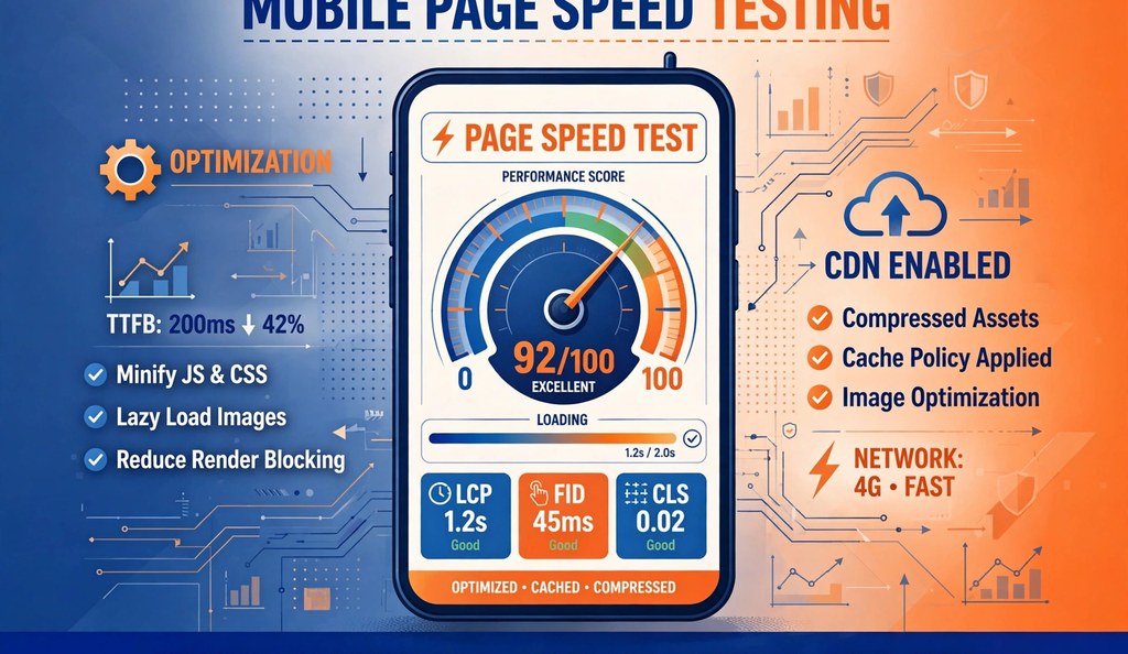 Illustration of mobile page speed testing with a smartphone speedometer gauge