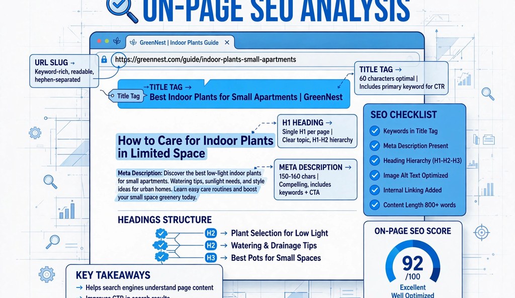 On-page SEO analysis illustration with highlighted title tag, headings and meta description