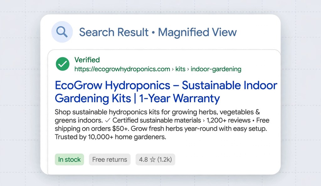 Illustration of a search result snippet showing a title, URL and meta description with a checkmark