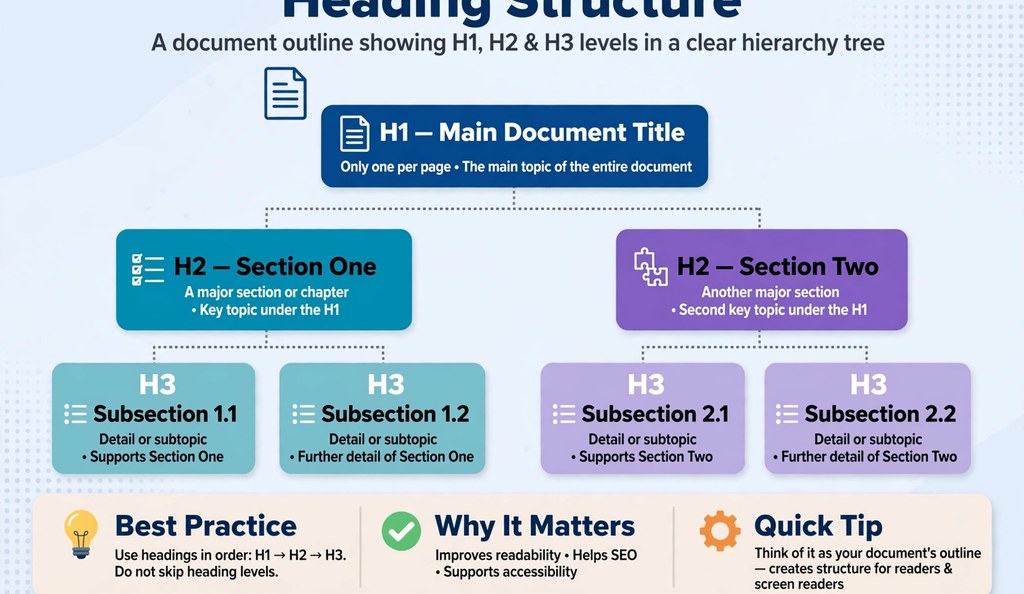 Illustration of heading structure showing H1, H2 and H3 levels in a clear hierarchy tree