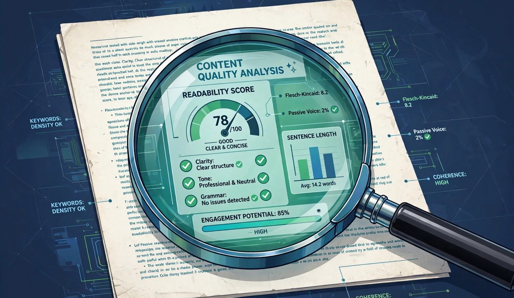 Content quality analysis illustration with document, magnifying glass and readability meters
