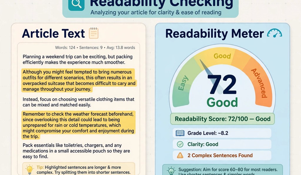 Illustration of readability checking with highlighted sentences and a readability meter dial