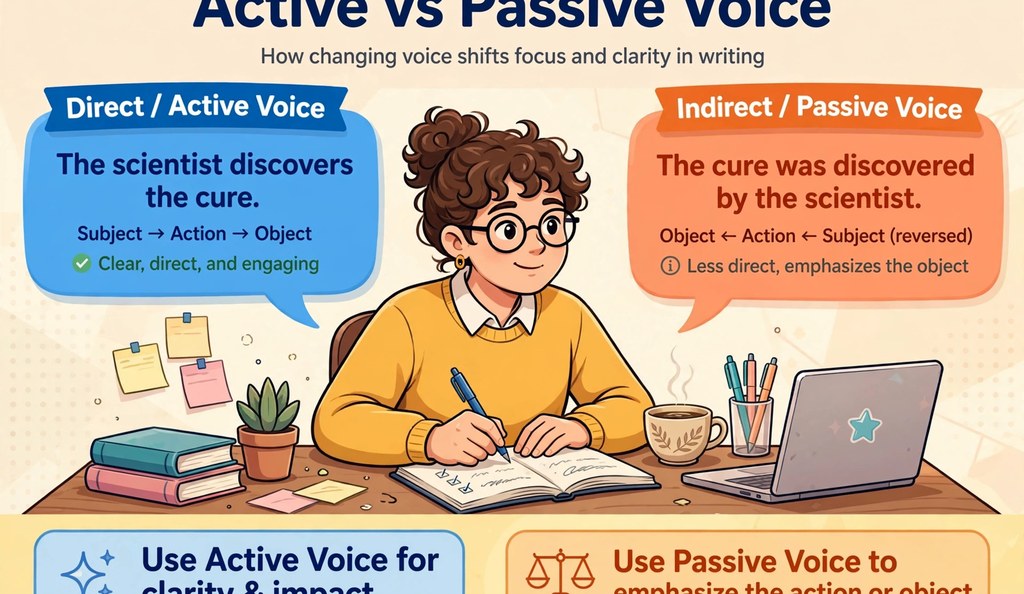 Illustration of active versus passive voice in writing with a writer comparing direct and indirect sentences