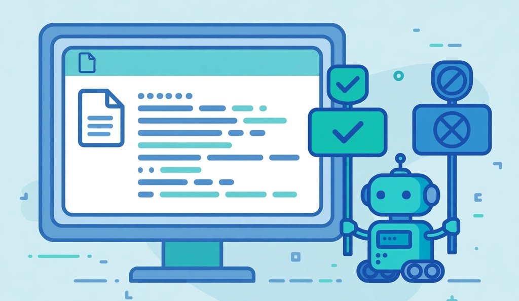 Robots.txt file on a screen with a crawler robot and allow/disallow signs